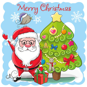 Cute Cartoon Santa Claus and a fir