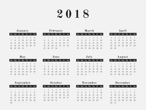 2018 Year Calendar horizontal design