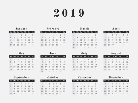 2019 Year Calendar horizontal design