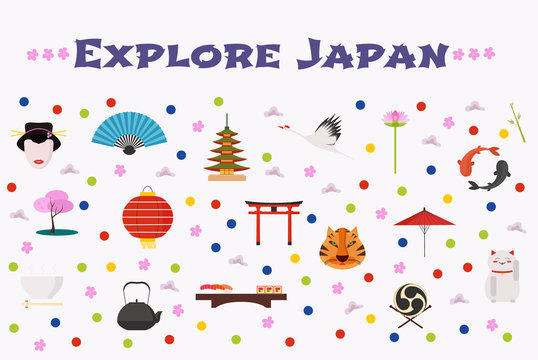 Travel to Japan vector icons set, background