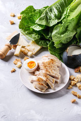 Ingredients for cooking classic Caesar salad. Sliced baked chicken breast, green roman salad, parmesan cheese, boiled egg, croutons, salt, jug of sauce over gray texture background. Copy space.