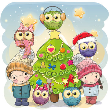 Two Cute Cartoon boy and girl and five owls