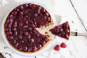 Homemade cheesecake with cherries on a plate