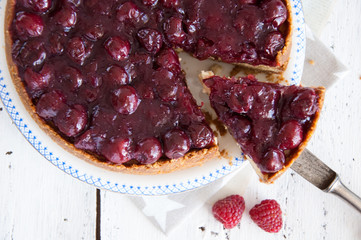 Homemade cheesecake with cherries on a plate