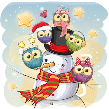 Snowman and five Cute Cartoon Owls