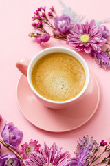 coffee in pink pastel table top view