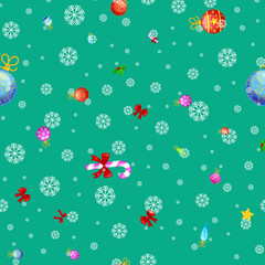 Fototapeta premium Christmass seamless pattern gingerbread man cookies, jingle bells stocking gifts, xmas background decoration elements texture vector ornament illustration, winter holiday sock with candy and presents