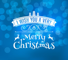 Merry Christmas greeting card. Beautiful bokeh festive calligraphy typography illustration xmas