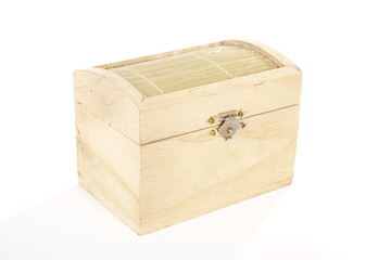 Wooden wood box for creative hobby hand work. Decoupage Box on isolated white studio background. Clipping path. Single object on white background photo.