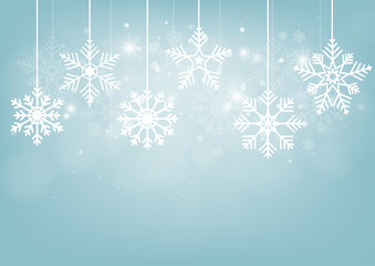 Merry Christmas and Happy new year. Abstract snowflakes blur bokeh of light on background. Paper art style. Vector illustration