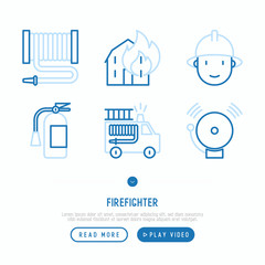Firefighter thin line icons set: fire, extinguisher, hose, hydrant, fire engine. Modern vector illustration for banner, web page, print media.