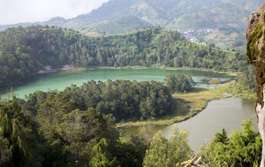 Java, Indonesia. Telaga Warna-color volcanic lakes on the plateau Diyeng..