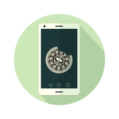 A smartphone icon with a cookie on the display. Flat design.