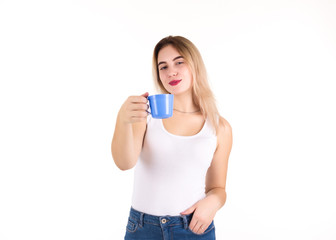 Young cute woman drinks coffee or tea, isolated  