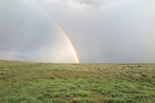 Double rainbow over the spring desert in the Western Kazakhstan