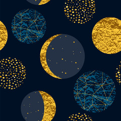 Abstract cosmic seamless pattern. Trendy hand drawn texture, glitter and geometric elements.