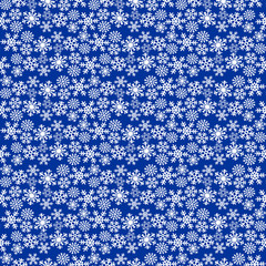 Winter blue background with snowfall. Vector seamless simple snow pattern.