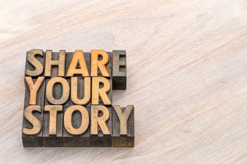share your story word abstract in wood type