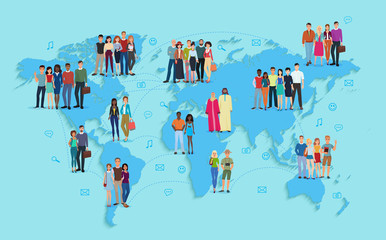 Vector illustration of social and demographic world map on blue background. Multi ethic people in groups. - obrazy, fototapety, plakaty