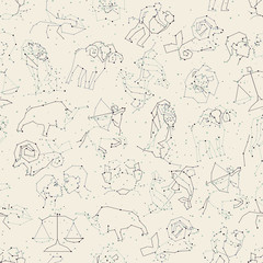 Horoscope seamless pattern, all Zodiac signs in constellation style with line and stars on white background. Endless background of starry zodiac symbols