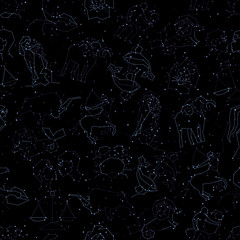 Horoscope seamless pattern, all Zodiac signs in constellation style with line and stars on black sky. Endless background of starry zodiac symbols