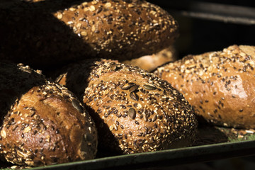 Close-up of multigrain bread for sale, Carmel Market, Tel Aviv, Israel