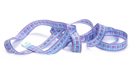 Blue metric measuring tape isolated on white background