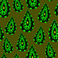 cute black and green doodles drops seamless pattern on green background, ethnic, indian, for decoration