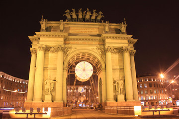 Narva Triumphal Arch (Gate) in Saint-Petersburg, Russia, during Night. Built in 1814 to Commemorate Russian Victory over Napoleon. Designed by Architect Quarenghi, Redesigned and Rebuilt by Stasov.