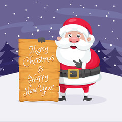 Cute background of Santa Claus holding a christmas greeting sign. Vector illustration.