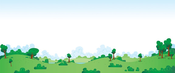 Panorama cartoon illustration of a lush green park with rolling hills and green trees and bushes.
