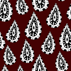 cute black and white doodles drops seamless pattern on burgundy background, ethnic, indian, for decoration