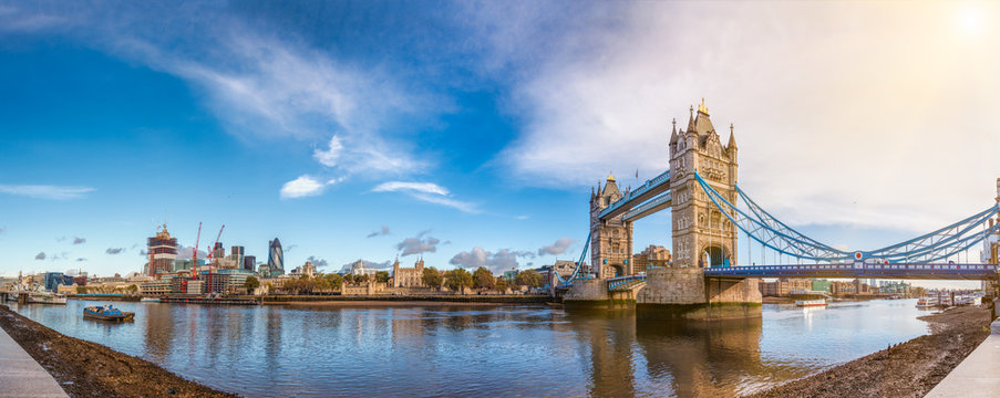 London cityscape panorama with River Thames Tower Bridge and Tower of London in the morning light