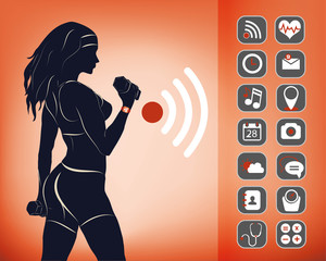 Woman training with smart watch and icons - fitness concept
