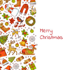 Vector hand drawn colored christmas elements with santa, xmas tree, gifts and bells