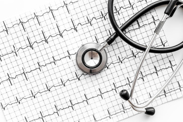 Examine the heart to prevent heart disease. Stethoscope on cardiogram background top view