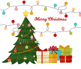 Christmas tree with fir gifts balls lights winter holiday gift card merry xmas celebration happy new year decoration vector illustration