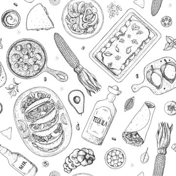 Mexican food seamless pattern. Menu design. Hand drawn vector illustration. Engraved style image. Classic mexican dishes.