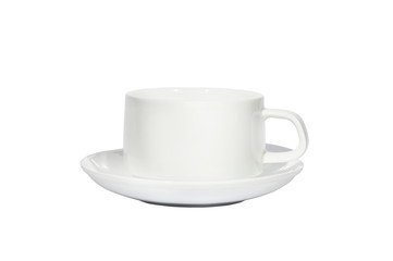 white cup of coffee white isolated background with copy space and clipping path.