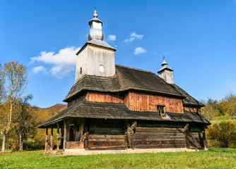 Fototapeta na wymiar Wooden church of Saint Basil the Great (1703) in Transcarpathian village Sil`, Ukraine
