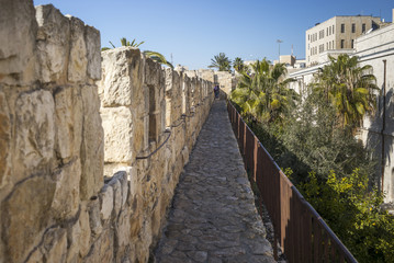 Fototapeta na wymiar View of the wall promenade surrounding the Old City, Jerusalem, Israel