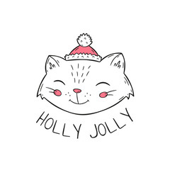 Kitten head doodle (outline). Holly Jolly lettering.