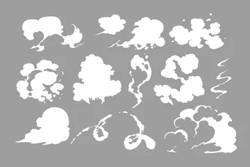 Raamstickers Stoom wolken ingesteld. Cartoon witte rook vector illustratie. Mist platte geïsoleerde clipart voor ontwerp, effecten en reclameposters © Anastasia Crowley