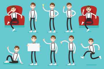 Presentation set of a clerk guy in casual clothes in different poses in armchair. Startup office character for your business project. Vector illustration in a flat style for poster, ads and print