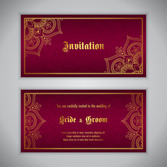 Luxury wedding invitation with golden ornament. Vector illustration