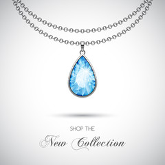 Silver chain necklace with diamond pendant. Vector Illustration - obrazy, fototapety, plakaty