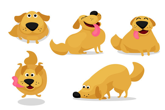 Funny playing happy child dog vector illustration set. Doodle cheerful golden labrador retriever puppies begging, jumping and sniffing for postcard, greeting cards, print, ads poster and web design