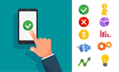 Green round acceptance check button on smartphone. App registration or login success. Modern flat vector icon set with accept, decline, arrow, graph mark, idea, money sign for ads, presentation design