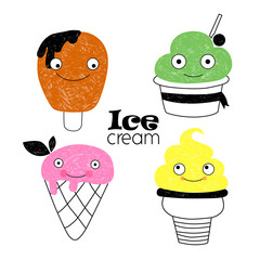 Cute ice cream emotions vector illustration set. Sweet colour adorable ice cream emoji for child greeting cards, postcard, print, ads poster and web design. Sorbet cookie eskimo pie children promo