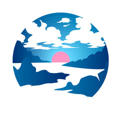 Japan landmark travel plate vector illustration. Beautiful asian landscape with water, rocks and clouds. Sunrise retro style vacation postcard. Travel postcard from Thina, Vietnam or Thailand design